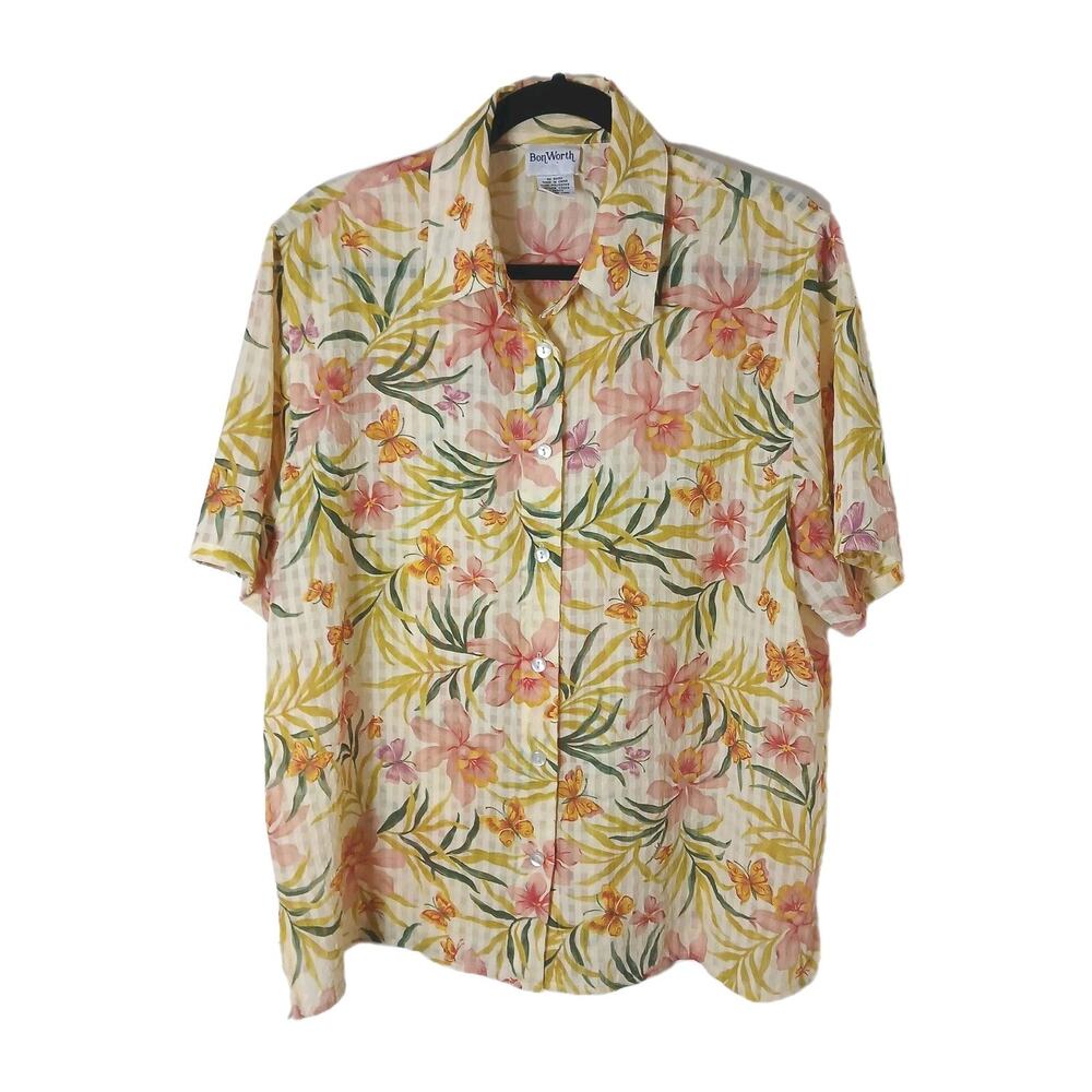 BonWorth M‎ Petite Top Floral Butterfly Button Front Burnout Gingham Camp Whimsi